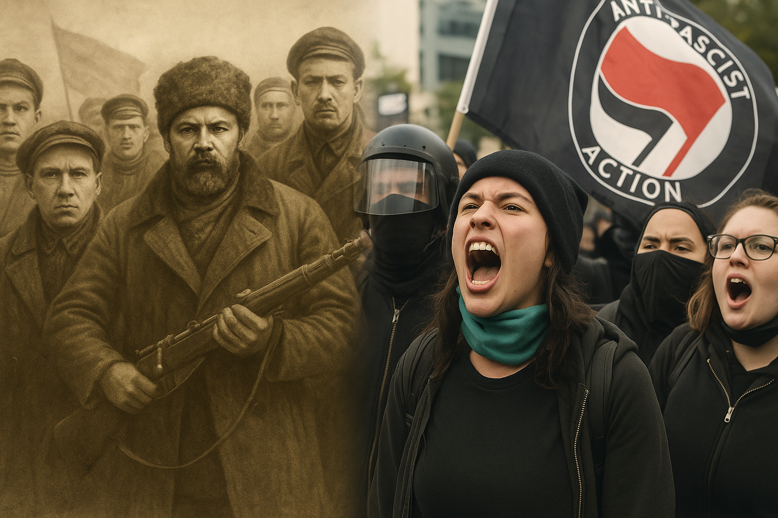 Composite image showing Bolsheviks of early 20th century on the left and modern-day radicals on the right, symbolizing echoes of history.